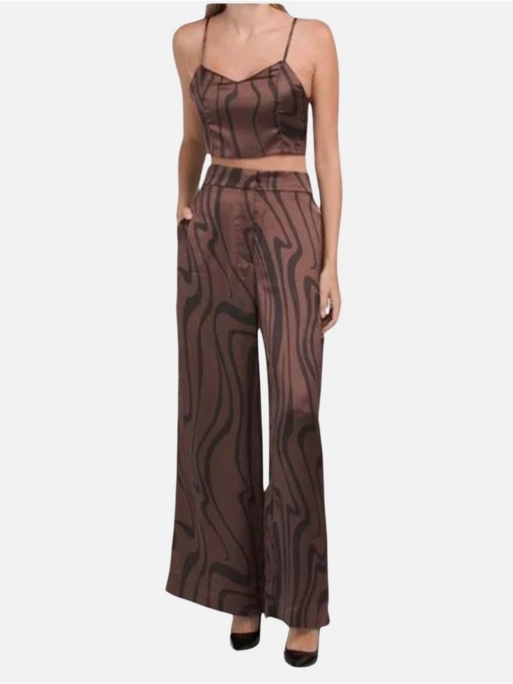 NWT House of Harlow 1960 Brown Satin Pants & Top with Black Abstract Stripes